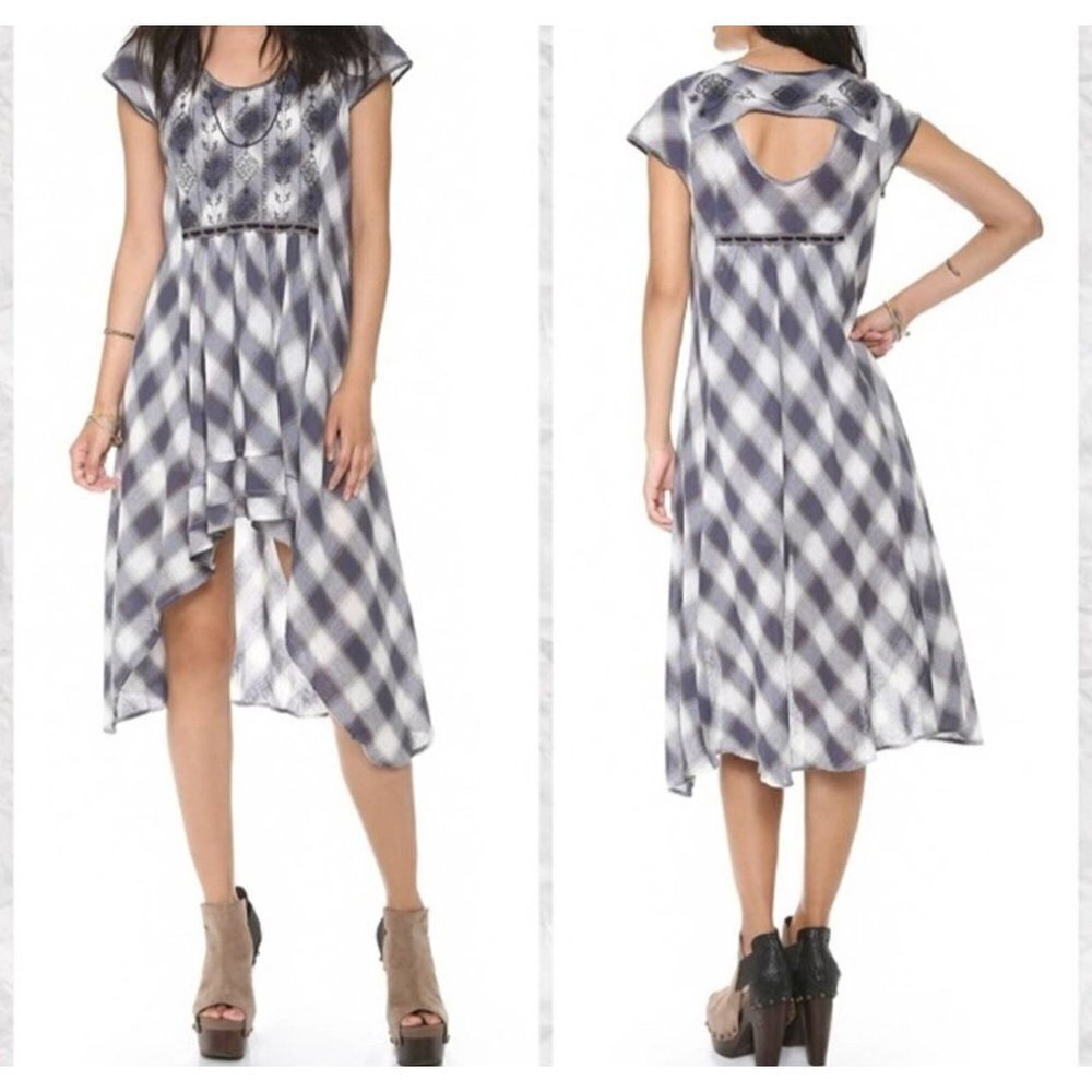 Free People Size XS Blue Gray Rad For Plaid Hi Low Dress